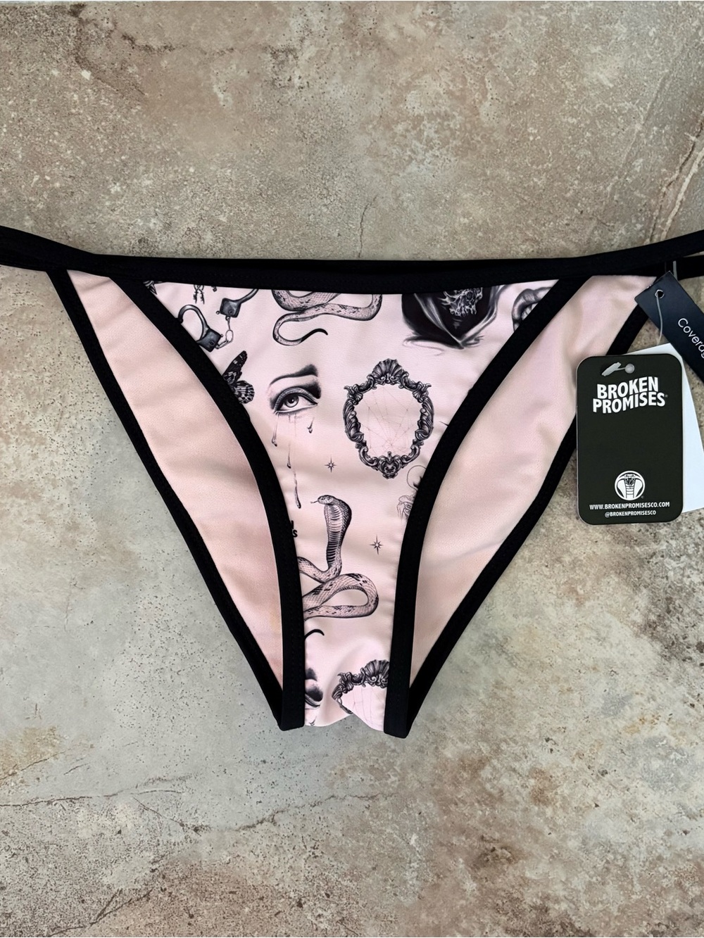 Broken Promises Smoken Tattoo String Bikini Bottoms Large NWT Goth Grunge Cheeky